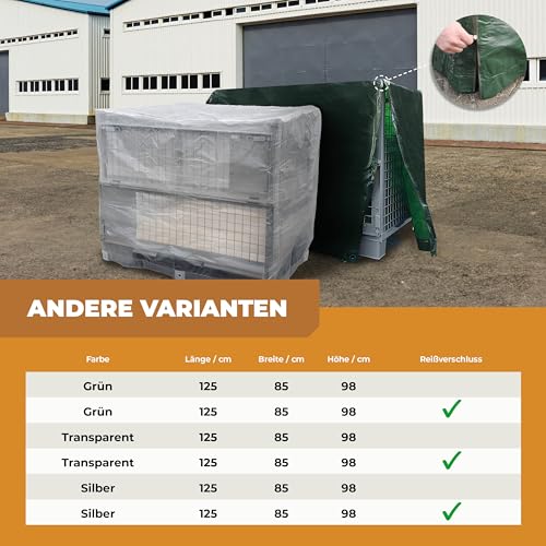 RAINEXO® Gitterbox & Paletten Abdeckhaube | Abdeckplane Grün | 125 x 85 x 98 cm | Wasserdicht, Frost & UV-beständig