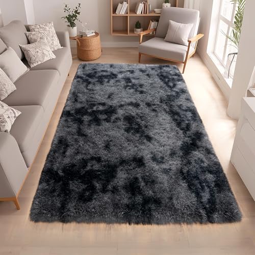 Tie-Dyed Black Rugs for Bedroom 4x5.9 ft - Ultra Soft Faux Fur Area Rug - Plush Non-Slip Shaggy Carpet for Living Room, Cozy Fluffy Rug for Kids Boys Girls Dorm Nursery Room, High Pile Floor Carpet