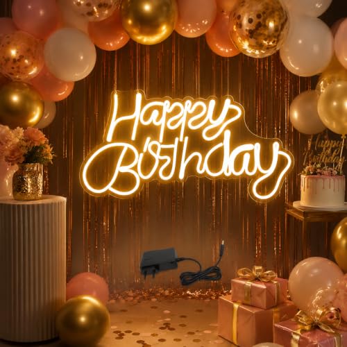 Image of Quace Happy Birthday LED Neon Sign, Warm White Neon Light for Birthday Decoration, Wall Hanging & Table Display, Acrylic LED Party Light with Adapter, 40.6 x 20.3 cm for Home, Events & Photo Backdrop