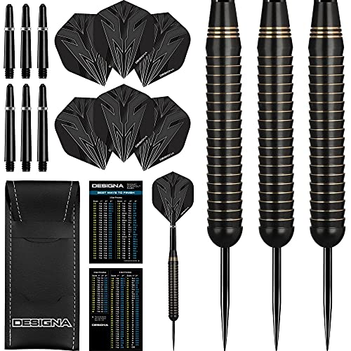 DESIGNA DARTS Mako - Juego de dardos de latón con punta de acero de 26 g, con barril recto, incluye 6 vuelos estándar, 6 talos, tarjeta de salida y estuche de almacenamiento, M1, color negro Cover