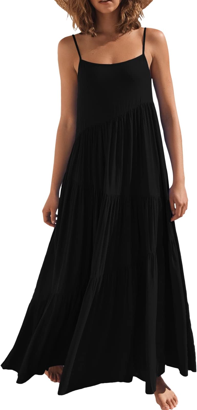 Women Summer Casual Loose Sleeveless Sundress Spaghetti Strap Flowy Boho Linen Beach Vacation Maxi Long Dress