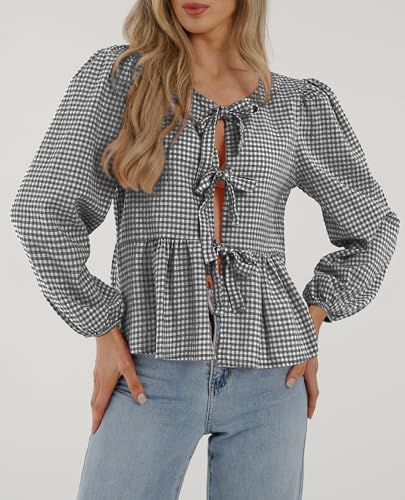 PRETTYGARDEN Women's Spring Fall Babydoll Peplum Blouse Shirt Puff Long Sleeve Bow Tie Front Trendy Cute Y2K Going Out Tops4