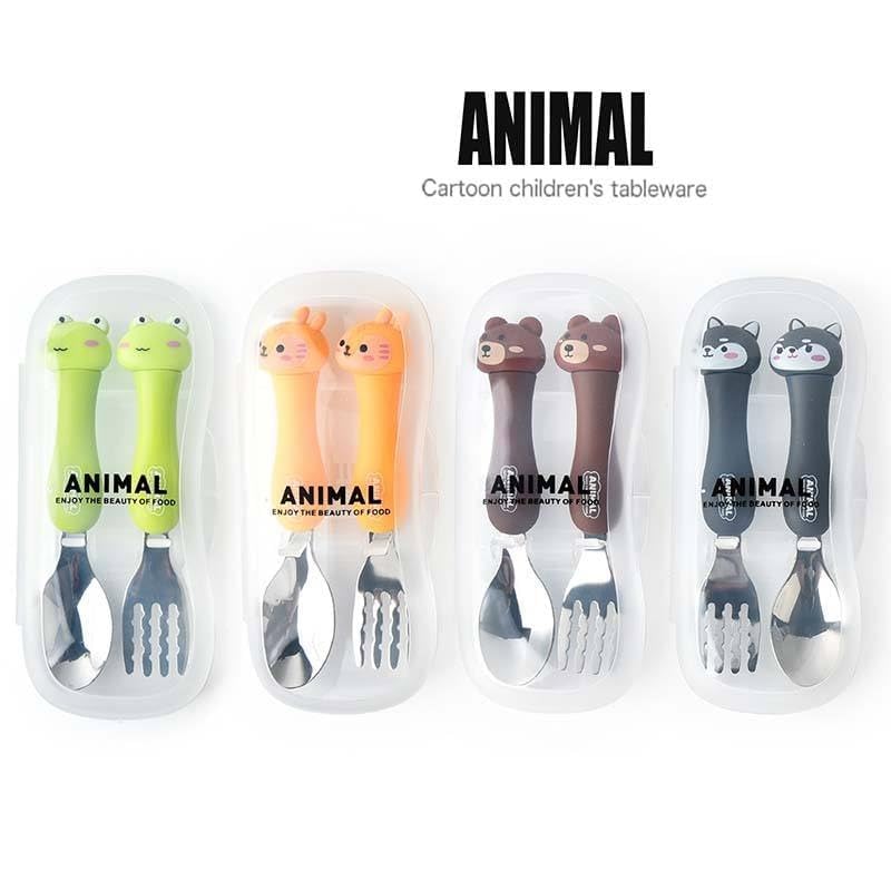 Image of Baby Self Feeding Spoon and Fork Set with Travel Case Stainless Steel Kids Cutlery Toddler Training Utensils Color as per Stock (Baby Self Feeding Spoon and Fork Set)