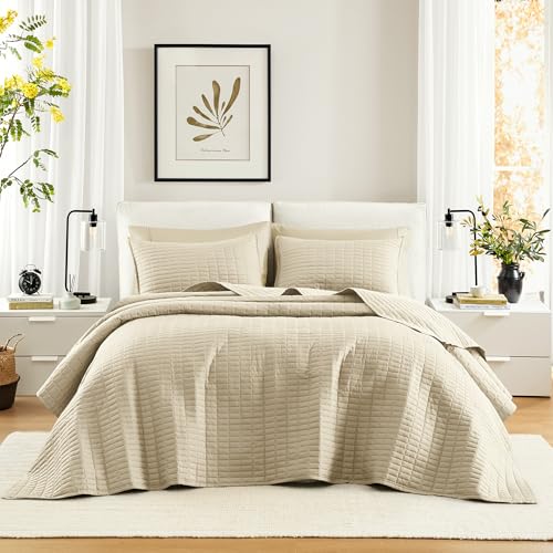 Comfort Spaces Ivory Oversized King Quilt Set 120"x118" Bedspread Quilted Summer Lightweight Microfiber Bedding Coverlet with Double Sided Stitching Soft All Season Cozy 3 Piece with Matching Shams