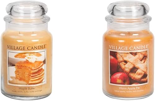 Village Candle Vela perfumada en tarro de boticario de cristal grande con mantequilla de arce, 21.25 onzas, amarillo y cálido tarta de manzana, vela