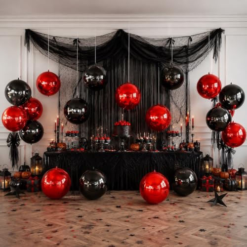 Image of 9 Pcs Black Red Round Foil Balloons Halloween Balloon | 22 In Black Metallic Dark Deep Red 4D Ball Balloon for Vampire Scary Killer Night Grad Birthday Anniversary Party Decor