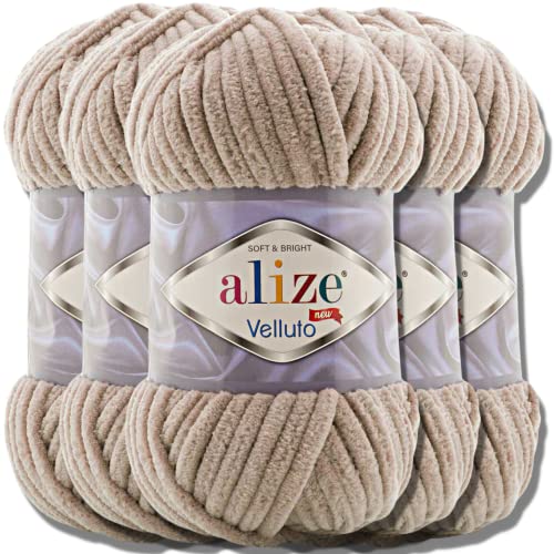 Hobby YARN Alize Velluto 5x 100g Türkische Strickwolle super Bulky Wolle zum Häkeln Uni Farbe Babywolle Flauschgarn Filzwolle Kuschelwolle (Beige | 530)