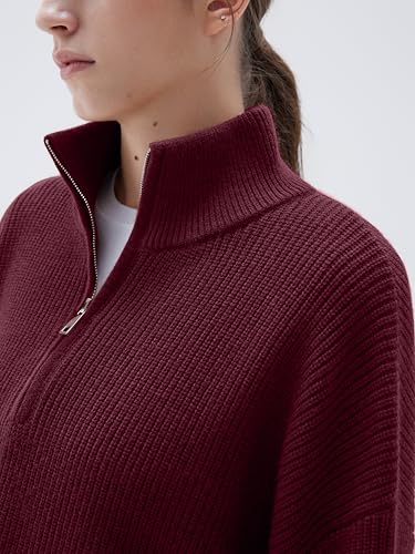 Image of SUUKSESS Women Cashmere Blend Oversized Quarter Zip Pullover Sweater Long Sleeve Collared Ribbed Knit Jumper Tops