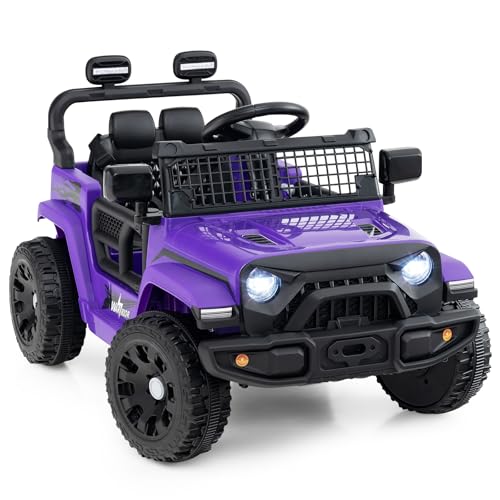 Image of COSTWAY 12V Kids Ride on Car, 2 Motors Electric Off Road Truck with Remote Control, LED Lights, Music & Horn, Battery Powered Ride on Toy for 3+ Years Old Boys Girls (Purple)