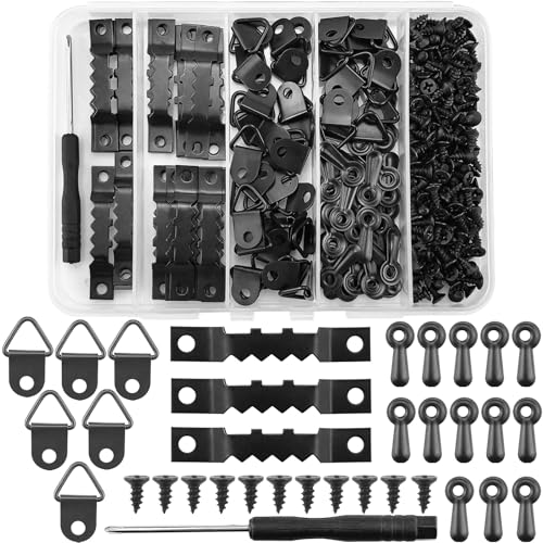 281Pcs Picture Hanging Kit 40 Sawtooth Picture Hangers 40 Frame Turn Buttons 40 D Rings 160 Screws and Screwdriver Heavy Duty Photo Frame Hanging Hardware for Wall Artworks Mounting (Black)