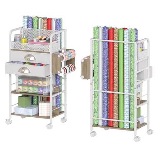 Rolling Craft Storage Cart with 2 Small Fabric Drawers & Lockable Wheels DIY Organizer for Wrapping Paper Paints Brushes Craft Supplies Multi-Tier Craft Cart Tape Holder 16.54x11.4x32.68 Inches