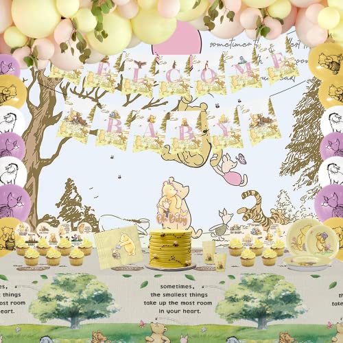 192 Pcs Winnie Decorations Bear For Pink Birthday Girl Decorations Includes Pennants, Tablecloth, Balloons, Cake Topper, Cupcake Toppers, Gift Bags, Stickers, for Kids Pooh Birthday Party Decorations B