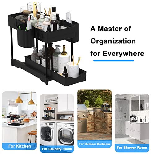4 Pack 2-Tier Under Sink Organizer With Sliding Storage Drawer, Multi-Purpose Under Sliding Cabinet Shelf Basket Collection Organizer Drawer For Bathroom Kitchen With Hanging 8 Cup And 16 Hooks #TOP1