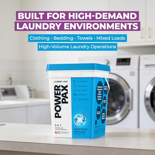 Image of PowerPax 5-in-1 Laundry Detergent Pods - 425 Count, Washer Pods with Stain Remover, Odor Control, Fabric Softener & Color Care for Commercial Laundry - Linen Fresh