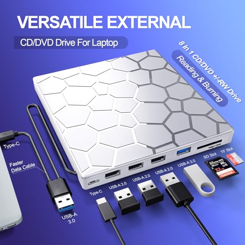 Image of External CD /D1VD Drive for Laptop, DVD Player for Laptop, 8 in 1 USB 3.0 Ultra-Slim Portable (Silver)