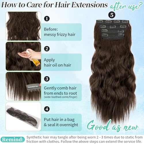 Image of Wavy Thick Clip in Hair Extensions 20 inch Dark Chocolate Brown | 4 Pieces Clip in Extensions,Fiber Double Weft Hairpieces,Natural Volume,Beach Wave Long Synthetic Hairpieces for Women
