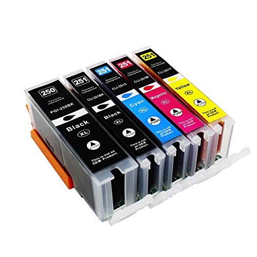 5 Pack PGI-250 & CLI251 compatible ink cartridge replacement For Cannon PIXMA MG5420, PIXMA MG5450, PIXMA MG6320, PIXMA MG6350, PIXMA MX722, PIXMA MX922, PIXMA iP7220, PIXMA iP7250 Printers