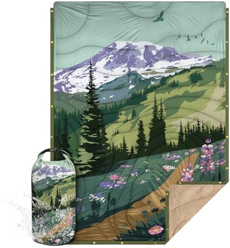 Outdoor Camping Blanket with Sherpa Lining, Extra Warm Thick Camp Blankets and Puffy Ultralight Soft Poncho DWR Camping Quilt for Cold Weather, Adventure, Sleeping, Backpacking 78