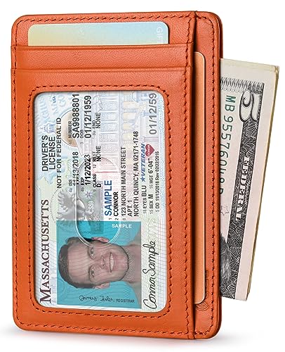 Image of Buffway Slim Wallet for Men Women Minimalist Small Leather Front Pocket Wallets with RFID Blocking and Gifts Box - Bassa Orange