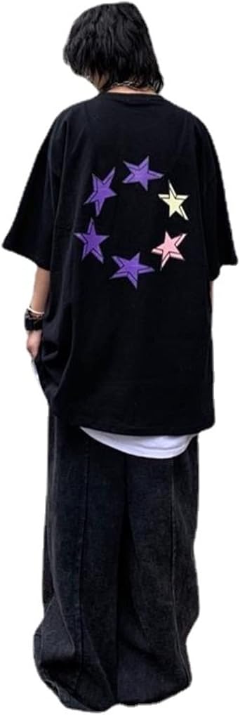 Women Men Y2K Gothic T-Shirt Dark Academia Star Graphic Tee Vintage Letter Print Baggy Sleeve Top Hip Hop Streetwear Clothes