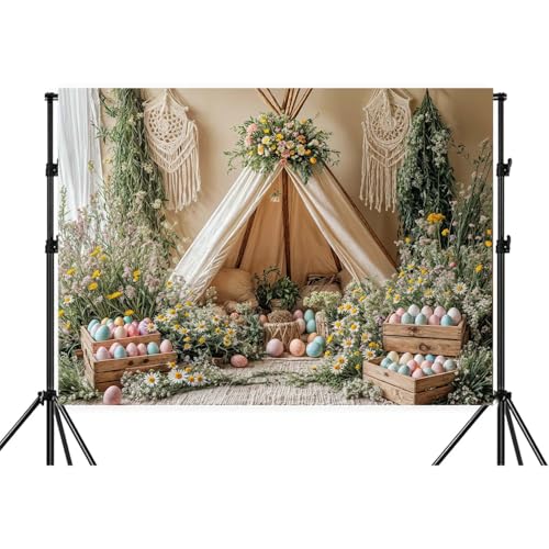 Wathon Easter Backdrop Bohemian Happy Easter Colorful Eggs Spring Flowers Children Kids Party Decorations Banner Spring Festival Birthday Baby Shower Photo Background Booth Video Props 5X3FT