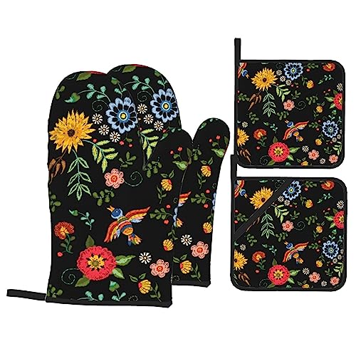 Mexican Floral Oven Mitts and Pot Holders Sets of 4, Country Style Cooking Gloves Non-Slip Heat Resistant Polyester Oven Mitts for Kitchen Baking Grilling BBQ