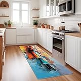 Bodenläufer Teppich rutschfest Waschmaschinengeeignet Mehrfarbig Segelboote Fischerboote Hafen Flurteppich Lang Schmales Format Weicher Für Küche Eingang Wohnzimmer Schlafzimmer 80X200 cm