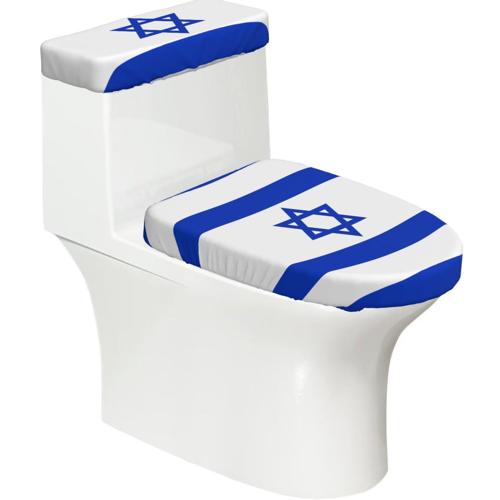 Wzycwb Black Israeli Flag 2-Piece Toilet Seat Cover Set With Tank Lid, Elastic Fit For U-Shape & Elongated Toilets, Bathroom Decor, Housewarming Gift