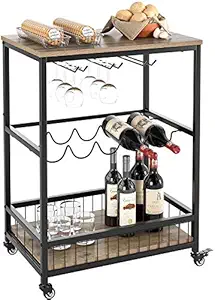 INDIAN DECOR. 45227 Bar Serving Cart Table Kitchen Wine Storage Cart with Wine Rack/Glass Holder, Serving Trolley with Lockable Wheels for Home/Pantry and Guest House, Black