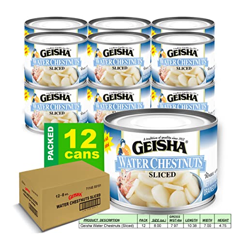 Image of GEISHA Water Chestnuts Sliced 8OZ. (Pack of 12), Water Chestnuts | Kosher Certified － No Salt & Sugar added － Gluten Free－Less than 100 Calories per Container