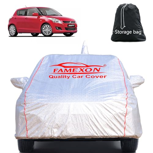 Image of Waterproof Car Body Cover with Mirror Pocket Compatible for Swift 2012 to 2017 Triple Layer Inner Fabric & Pipein Design Protects from Animals, Heat, Rainfall (Metallic Silver)