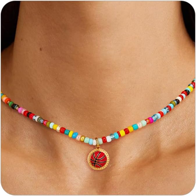 Softball/Soccer/Volleyball/Basketball/Football Colorful Beaded Necklace Gifts for Girls Women, Sport Accessories Pendant Jewelry 14+2 Inches