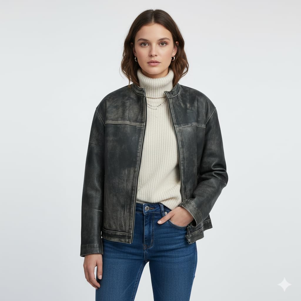 Women’s Oversized Vintage Leather Bomber Jacket – Genuine Lambskin, Distressed, Drop-Shoulder, Zip-Front - Image 6