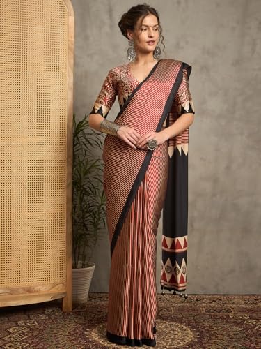 Image of AKHILAM Women's Pure Crepe Striped Printed Saree With Unstitched Blouse Piece