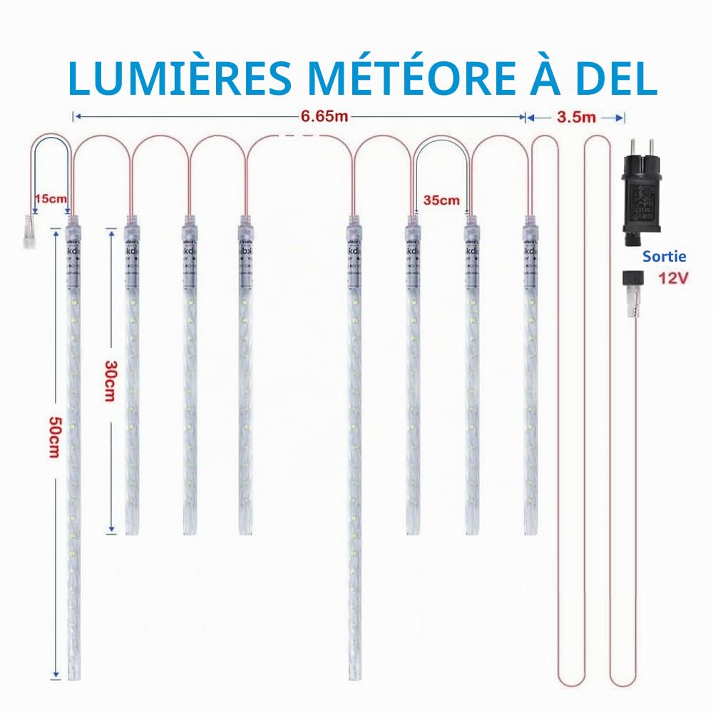 Lumières de Noël extérieures, Lumières de pluie de météores avec 20 tubes spirales (50-30cm 720 LEDs) longueur 6,65m, Lampe à glaçons étanche pour la décoration de Noël en extérieur, Blanc