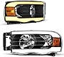 AUTOSAVER88 Switchback LED Tube Headlights Assembly Compatible with 2002-2005 Dodge Ram 1500/2003 2004 2005 Dodge Ram 2500 3500 Headlamp Replacement Pair Amber Reflector