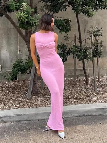 AIBEARTY Women's Mesh Knitted Sleeveless Bodycon Dress Sexy Twist Knot See Through Crochet Maxi Dress Beach Bikini Cover Ups4