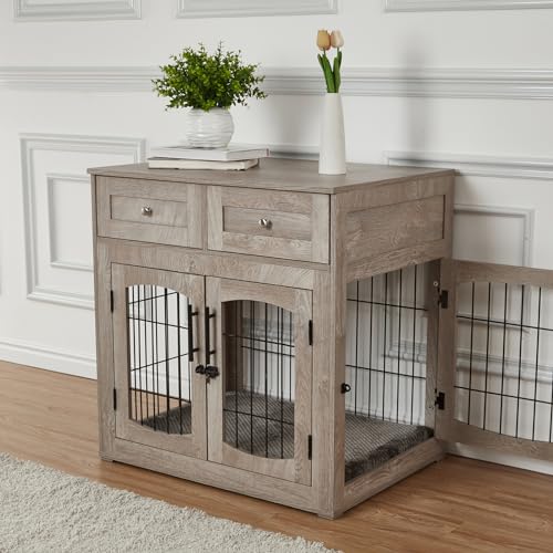 40'' Wooden Dog Crate Furniture, Farmhouse Dog Kennel Indoor Furniture Style Dogs Crate Table with 2 Drawers for Small, Medium & Large Dogs Grey by PeakPursuit - Image 6