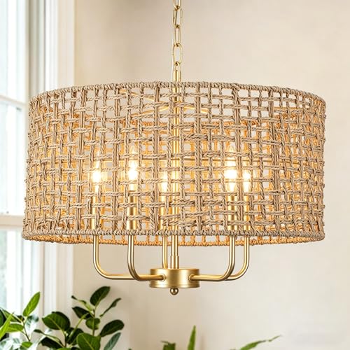 Xurihuihuang Boho Hand Woven Rattan Chandelier for Dining Room 19" Large Farmhouse Chandelier with Wicker Shade, 5 Light Coastal Drum Light Fixture for Kitchen Living Room Entryway Bedroom