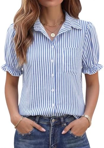 LOMON Linen Shirts for Women Puff Sleeve Button Down Summer Casua...