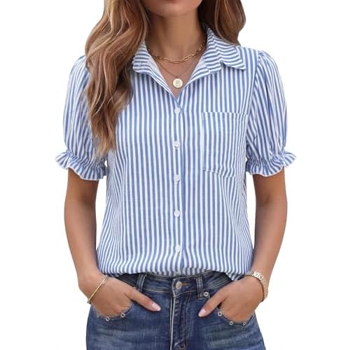 LOMON Linen Shirts for Women Puff Sleeve Button Down Summer Casual Cotton Linen Blouses Collared Work Tops Dressy
