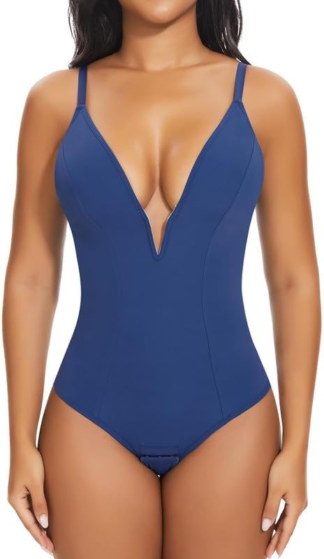 SHAPERIN Women's Deep V Neck Bodysuit Double Lined Plunge Tummy Control Shapewear Thong Body Suits Backless Cami Tank
