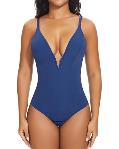 SHAPERIN Women's Deep V Neck Bodysuit Double Lined Plunge Tummy Control Shapewear Thong Body Suits Backless Cami Tank