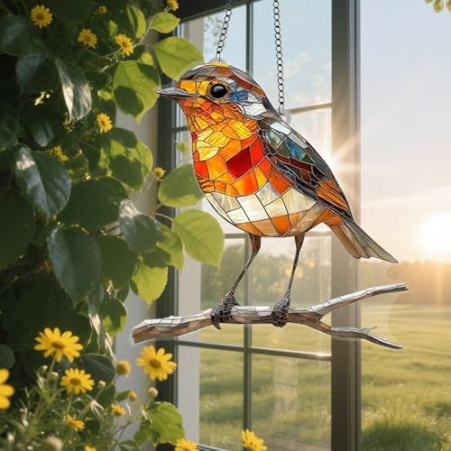 Generic - Robin Sun Catchers for Window | 8 Inch Bird Suncatcher for Garden | Stained Glass Robins on Branch Sun Catcher Hanging Ornaments | Acrylic Robin Birds Gift Suncatcher Pendant for Home Decor