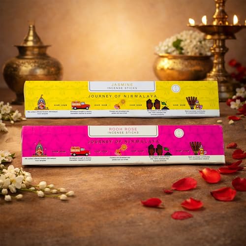 Image of Nirmalaya Rooh Rose & Jasmine Incense Sticks 80 Sticks | 100% Natural Charcoal-Free Agarbatti from Sacred Temple Flowers | Organic Handmade for Pooja, Meditation, Yoga & Aromatherapy