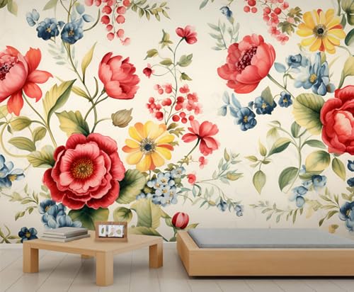 Retro Flower Peony Wallpaper Large Plant Green Leaves Wall Mural