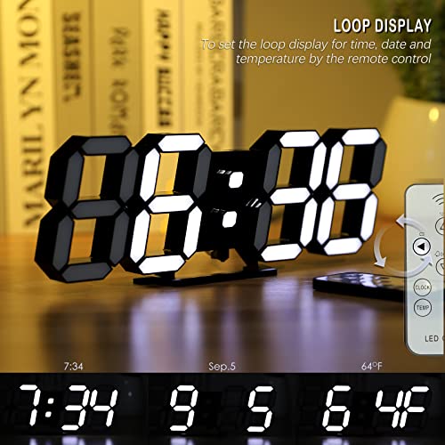 Kosumosu Clocks For Living Room Decor, 9.7" Large Digital Wall Clock, Alarm Clocks Black Clock Wall Decor, Dimmer/Time /Date/Temperature Display, Remote Control (Black Wall Clock With White Light) #TOP2