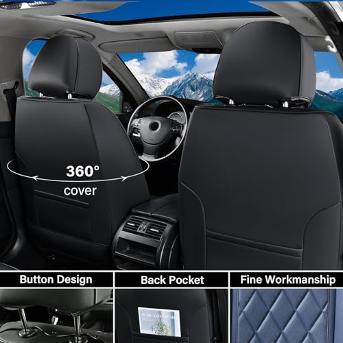 Image of Coverado Leather Seat Covers, Car Seat Covers Full Set, Waterproof Faux Leather Black and Blue Seat Covers, Car Seat Protectors 5 Seats, Automotive Seat Covers Universal Fit for Most Cars SUV Trucks