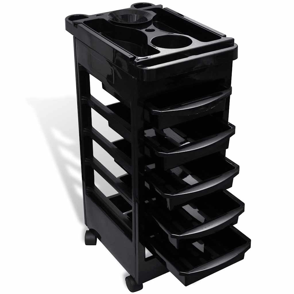 Carrello da parrucchiere su ruote con 5 cassetti, carrello per parrucchiere e parrucchiere, carrello da lavoro stabile in plastica, nero