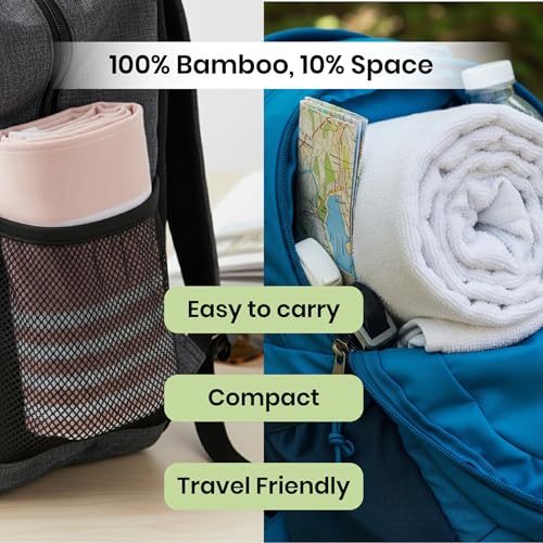 Image of Mush Grab & Go Bamboo Travel Towel | 100% Bamboo Bath Towel for Beach, Hiking & Gym Towel for Men Workout | Quick Dry & Compact Towels with Travel Bag | 60x120 cms, 250GSM | Pack of 2 (Aqua & Peach)